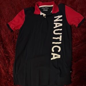 Nautica Red and Blue Polo Shirt Sporty Color-Block Design